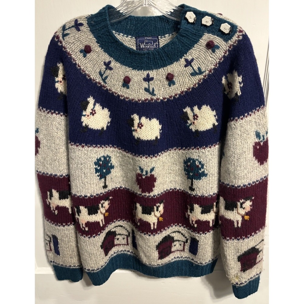 Vintage Woolrich Chunky Wool Sweater Farm Yard Sheep Buttons Womens XL